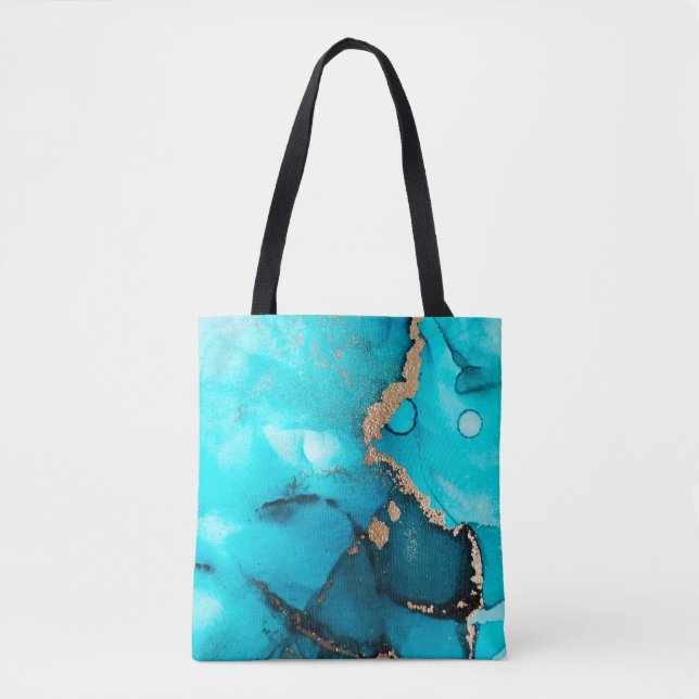 Abstract Teal Gold Alcohol Ink Original Art Tote Bag (Front)