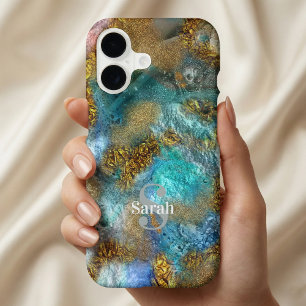 Abstract Teal Gold Faux Foil Glitter Agate