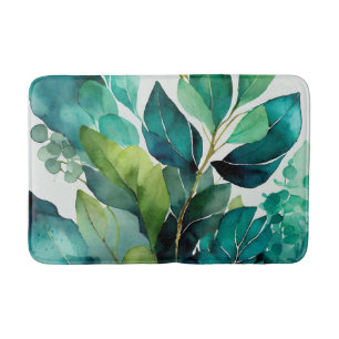 Abstract Teal, Green, Emerald, Botanical Bath Mat