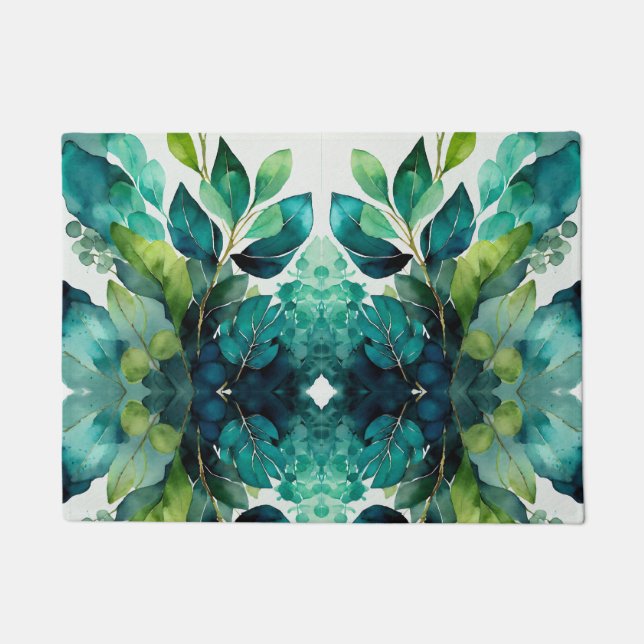 Abstract Teal, Green, Emerald, Botanical Doormat (Front)
