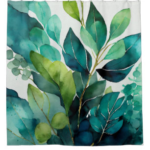 Abstract Teal, Green, Emerald, Botanical Shower Curtain