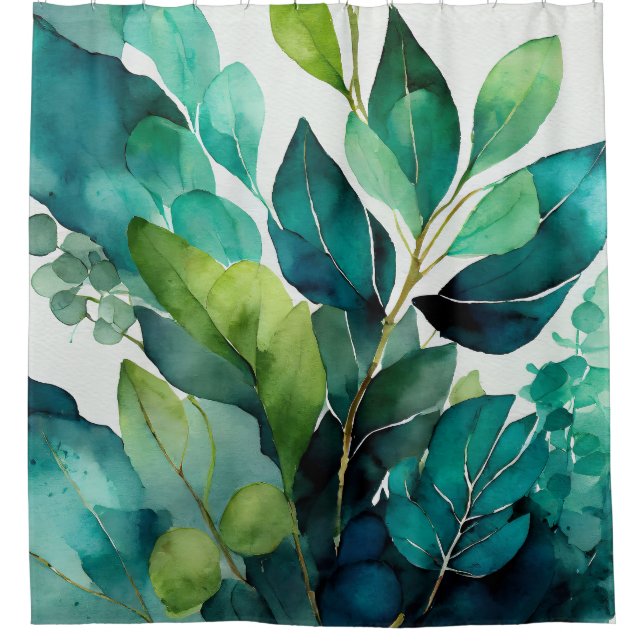 Abstract Teal, Green, Emerald, Botanical Shower Curtain (Front)