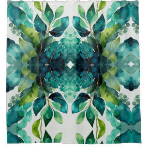 Abstract Teal, Green, Emerald, Botanical Shower Curtain