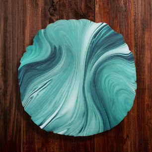 Abstract Teal Green Liquid Art Round Cushion
