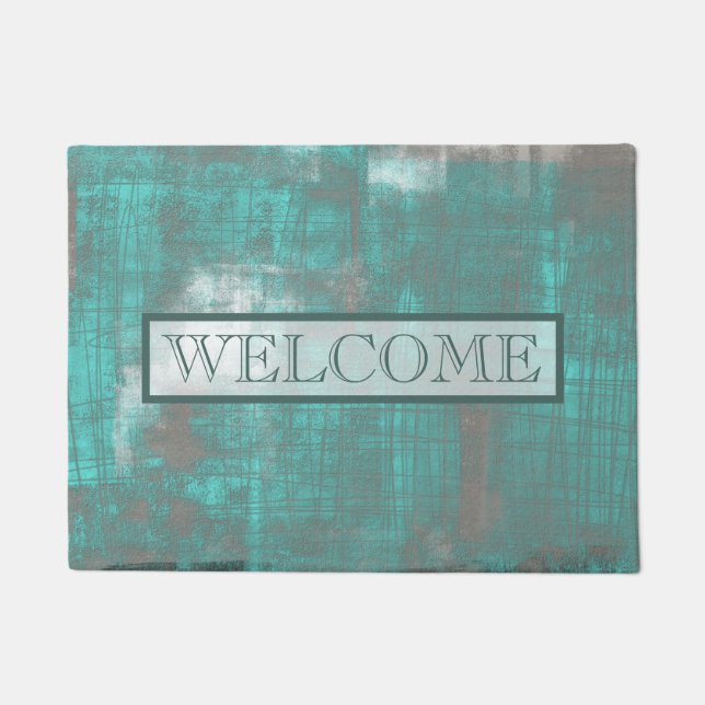 Abstract Teal Grey rustic Welcome Doormat (Front)
