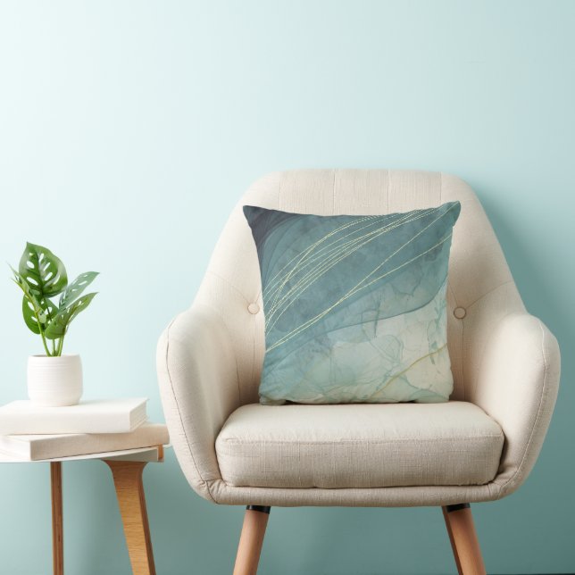 Abstract Teal Indigo and Gold Ink Pattern Cushion (Chair)
