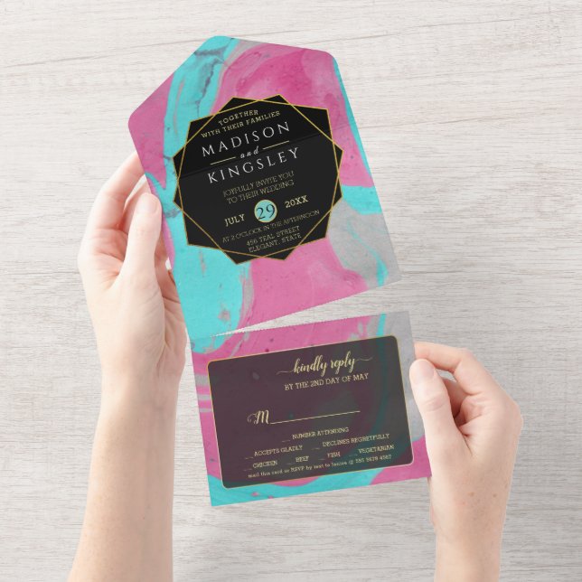 Abstract Teal Pink All In One Invitation (Tearaway)