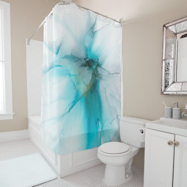 Abstract Teal, Smokey and Faux Gold Shower Curtain (In Situ)
