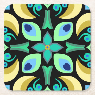 Abstract teal tile with black background square paper coaster