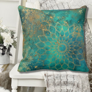 Abstract Teal Watercolor Gold Grunge Mandala Cushion