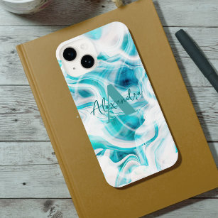 Abstract Teal White Liquid Paint Chic Script Name iPhone 14 Case