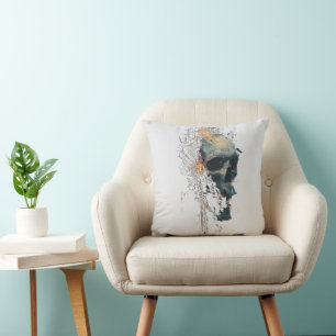 Abstract Tech Noir Skull Throw Pillow