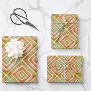 Abstract terracotta green geometric square tiles   wrapping paper sheet