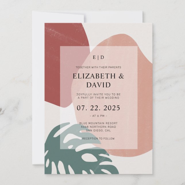 Abstract Terracotta Monstera Leaf Modern Wedding Invitation (Front)