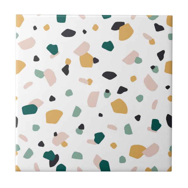 Abstract Terrazzo Green Orange Pink Black Pattern Ceramic Tile (Front)