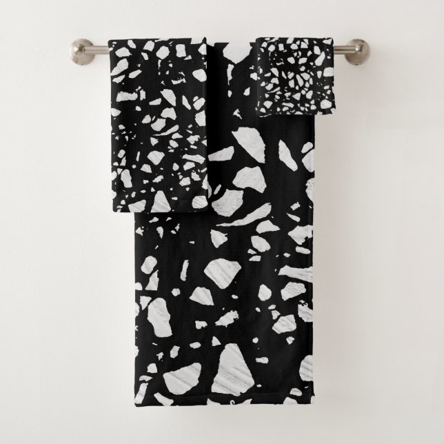 Abstract Terrazzo Mosaic Black and White Pattern  Bath Towel Set (Insitu)