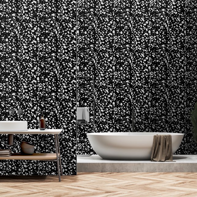 Abstract Terrazzo Mosaic Black and White Pattern   Wallpaper (Bathroom)
