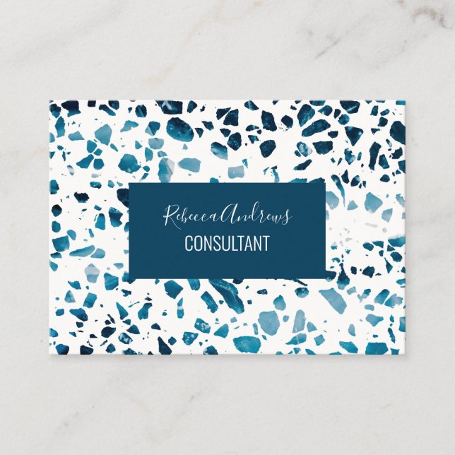 Abstract Terrazzo Mosaic Navy & Light Blue Pattern Business Card (Front)