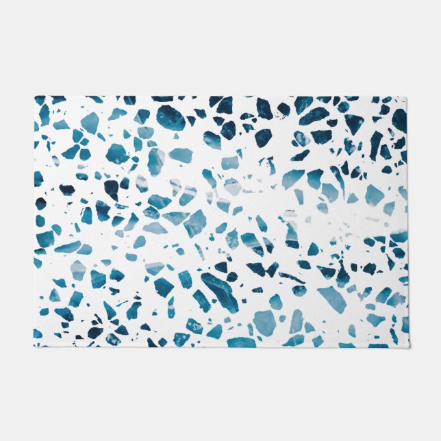 Abstract Terrazzo Mosaic Navy & Light Blue Pattern Doormat (Front)