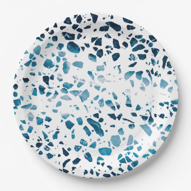 Abstract Terrazzo Mosaic Navy & Light Blue Pattern Paper Plate (Front)