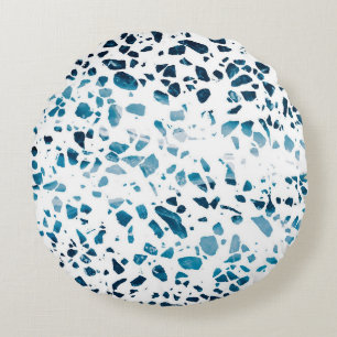 Abstract Terrazzo Mosaic Navy & Light Blue Pattern Round Cushion