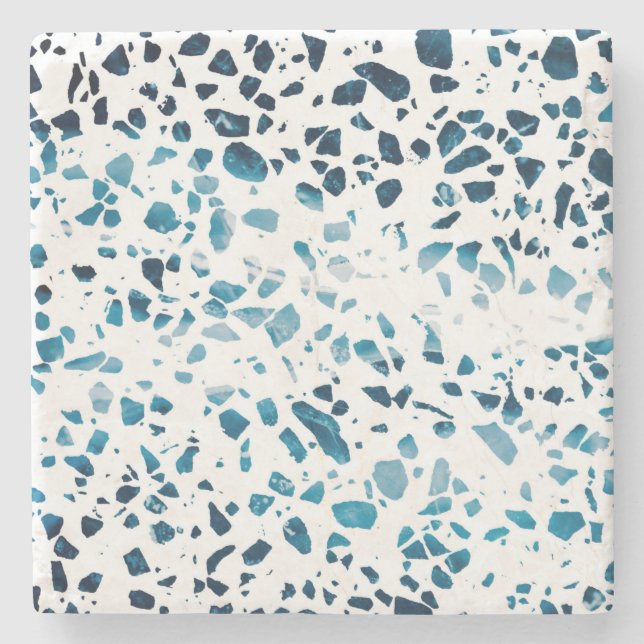 Abstract Terrazzo Mosaic Navy & Light Blue Pattern Stone Coaster (Front)
