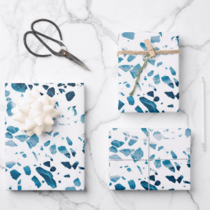 Abstract Terrazzo Mosaic Navy & Light Blue Pattern Wrapping Paper Sheet