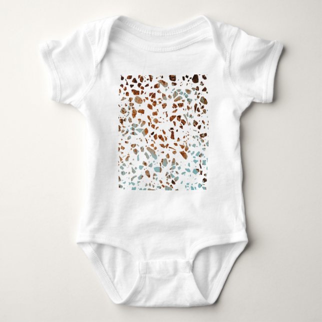 Abstract Terrazzo Mosaic Rust Brown & Blue Pattern Baby Bodysuit (Front)