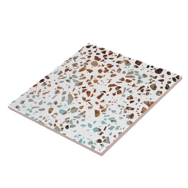 Abstract Terrazzo Mosaic Rust Brown & Blue Pattern Ceramic Tile (Side)