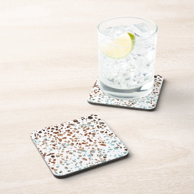 Abstract Terrazzo Mosaic Rust Brown & Blue Pattern Coaster (Right Side)