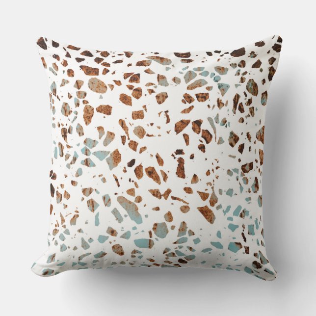 Abstract Terrazzo Mosaic Rust Brown & Blue Pattern Cushion (Front)