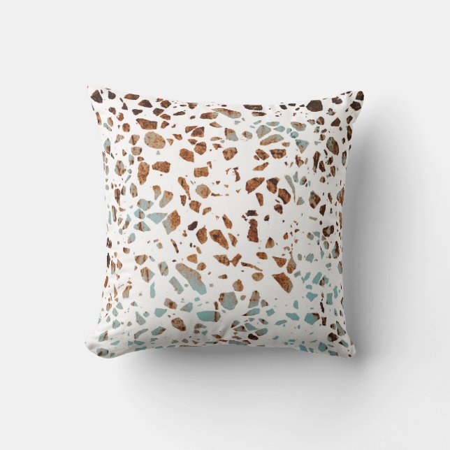 Abstract Terrazzo Mosaic Rust Brown & Blue Pattern Cushion (Front)