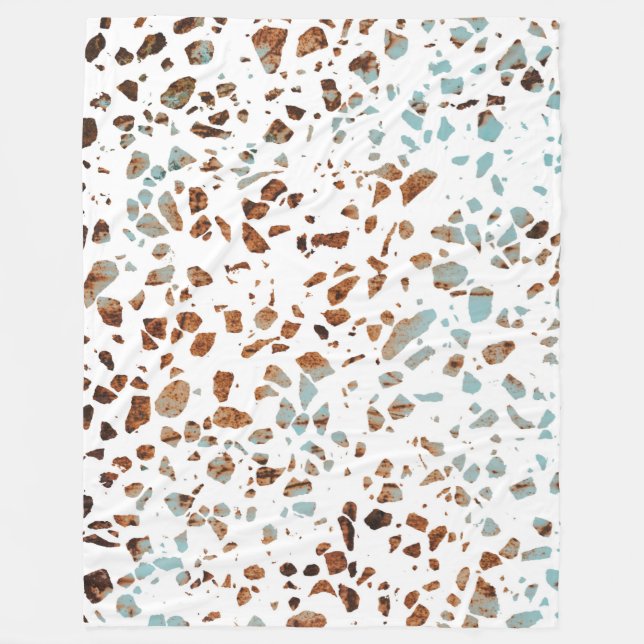 Abstract Terrazzo Mosaic Rust Brown & Blue Pattern Fleece Blanket (Front)