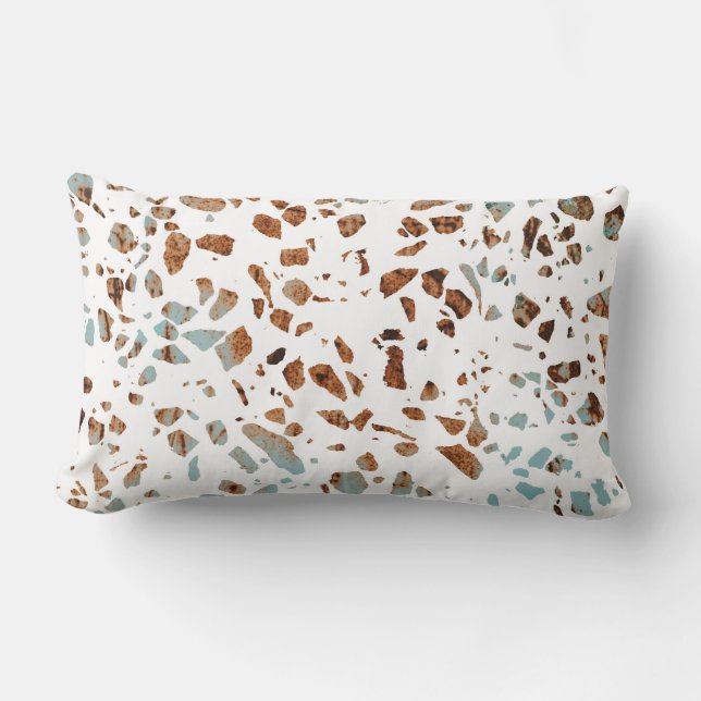 Abstract Terrazzo Mosaic Rust Brown & Blue Pattern Lumbar Cushion (Front)