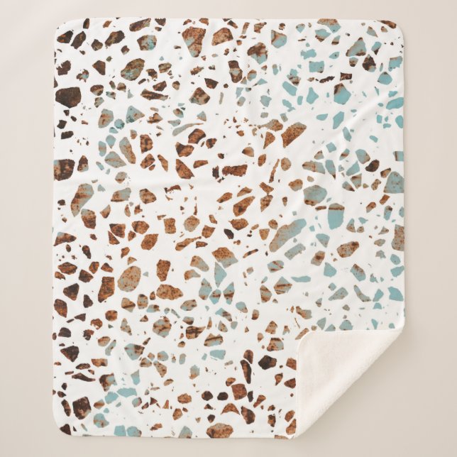 Abstract Terrazzo Mosaic Rust Brown & Blue Pattern Sherpa Blanket (Front)