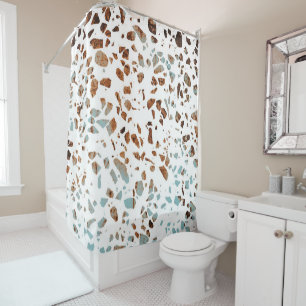 Abstract Terrazzo Mosaic Rust Brown & Blue Pattern Shower Curtain