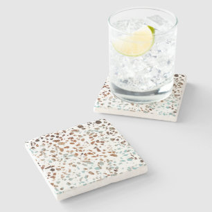 Abstract Terrazzo Mosaic Rust Brown & Blue Pattern Stone Coaster