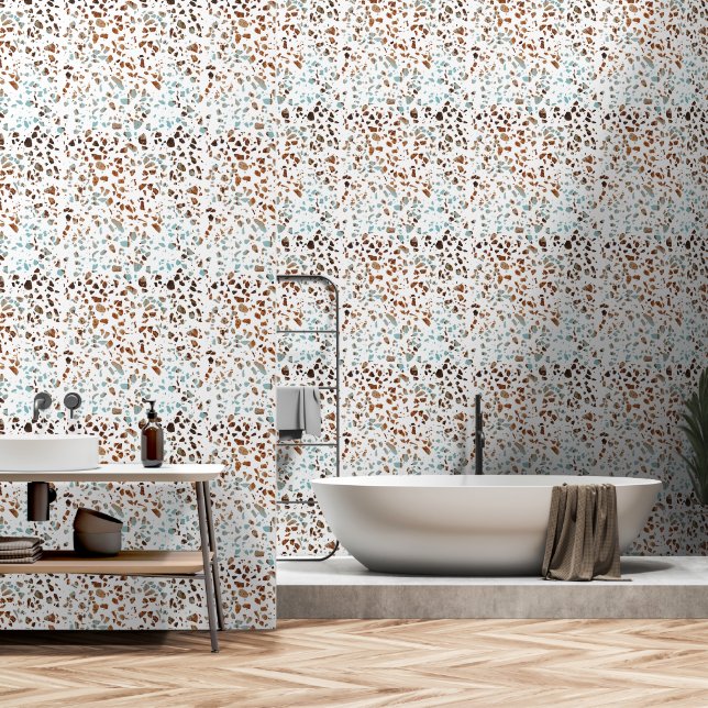 Abstract Terrazzo Mosaic Rust Brown & Blue Pattern Wallpaper (Bathroom)