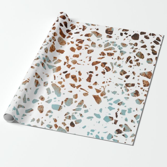 Abstract Terrazzo Mosaic Rust Brown & Blue Pattern Wrapping Paper (Unrolled)