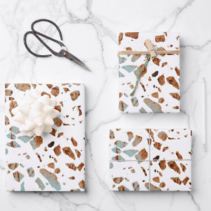 Abstract Terrazzo Mosaic Rust Brown & Blue Pattern Wrapping Paper Sheet