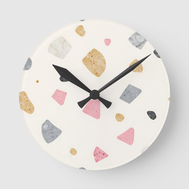 Abstract Terrazzo Pink Grey Gold Pattern Round Clock (Front)