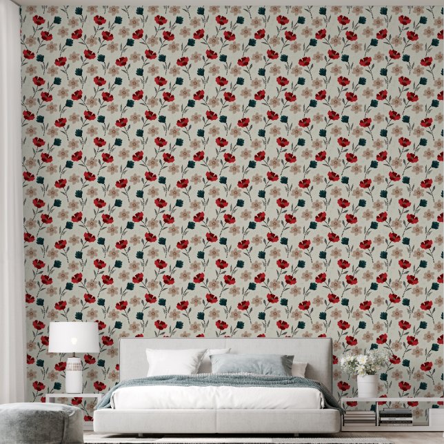 Abstract Textured Floral Pattern on Beige Wallpaper (Bedroom)