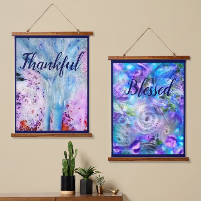 Abstract Thankful Blessed Blue Pink White Hanging Tapestry (Asymmetrical)
