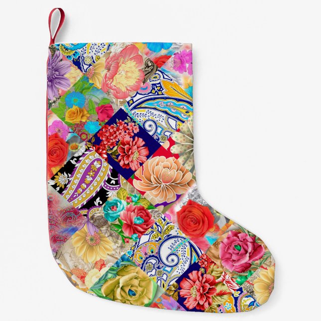 Abstract three-colour background with citrus-fruit small christmas stocking (Front)