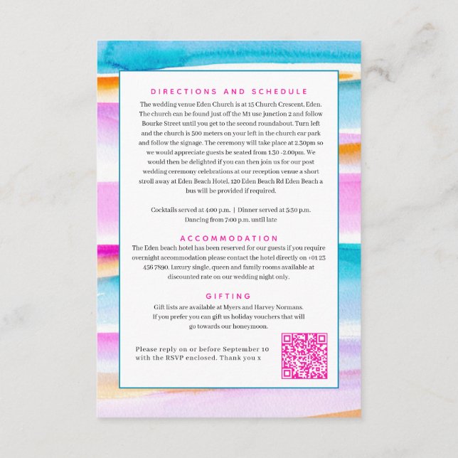Abstract tidal lines pink blue wedding QR code Enclosure Card (Back)
