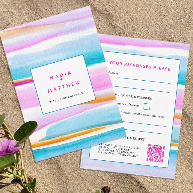 Abstract tidal lines wedding reply QR code RSVP Card (Creator Uploaded)