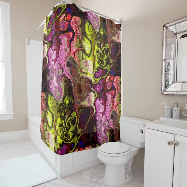 Abstract tie dye marble pattern in pink and green shower curtain (In Situ)