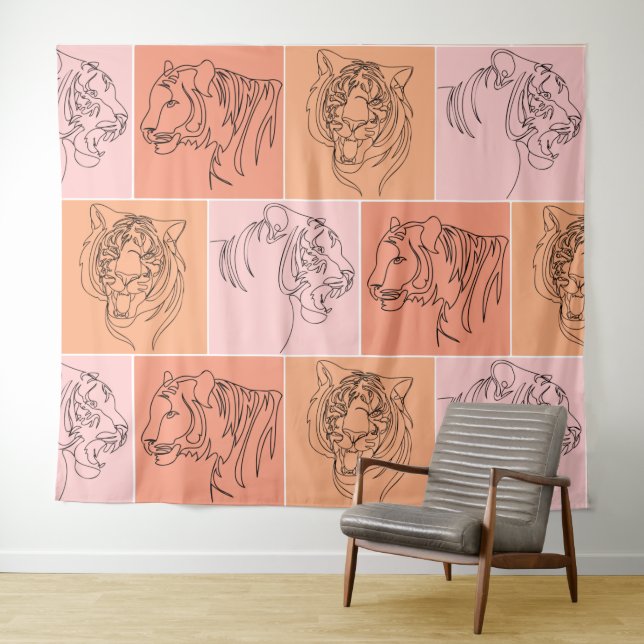 Abstract tiger head line art tapestry (In Situ (Horizontal))