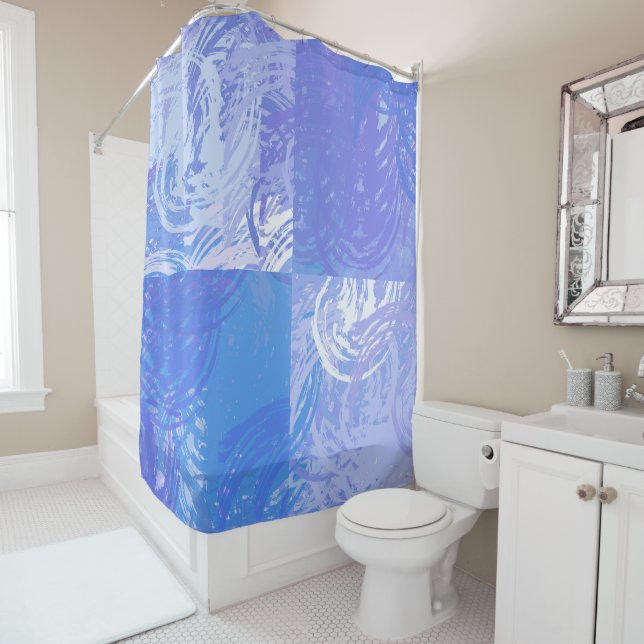 Abstract Tossed Turquoise and Purple Shower Curtain (In Situ)