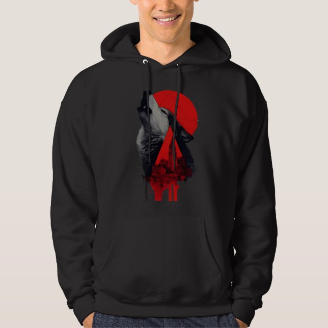 Abstract Trash Polka Howling Wolf Cityscape Hoodie (Front)
